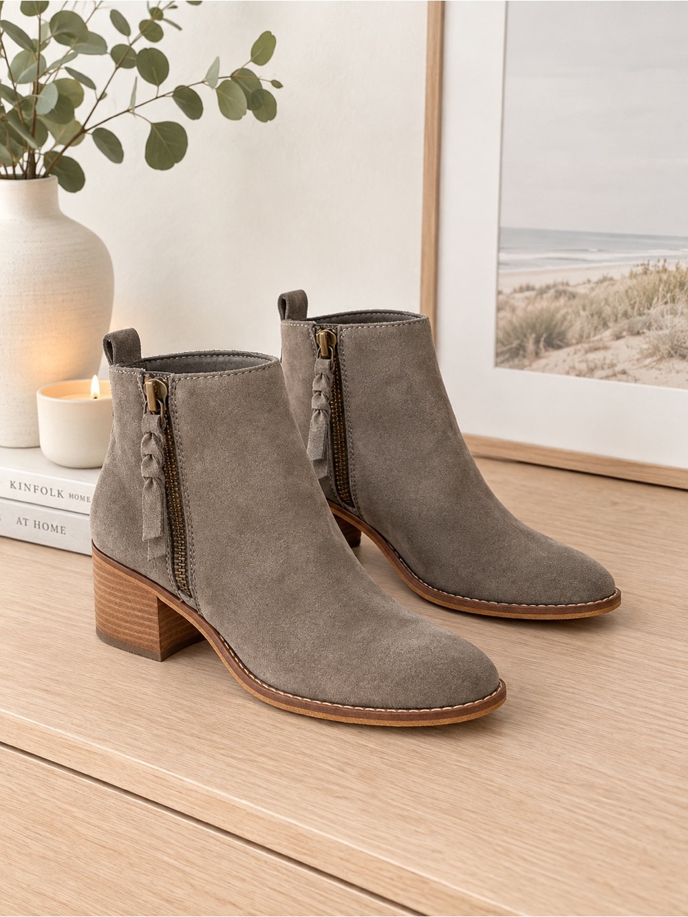 Gray Suede Ankle Booties • Braided Side Zip Block Heel • Western Boho Boots